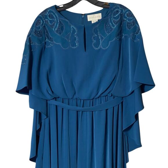 Sachin & Babi Size 4 NWT Moroccan Blue Crepe Embroidered Wren Cape Maxi Gown - Picture 6 of 11
